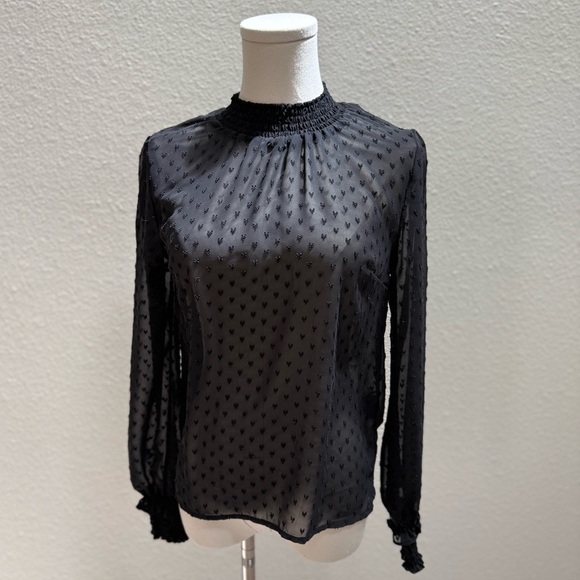 H&M Elegant Sheer Black Chiffon Blouse With Smocking and Textured Hearts Size 2 - Picture 12 of 15